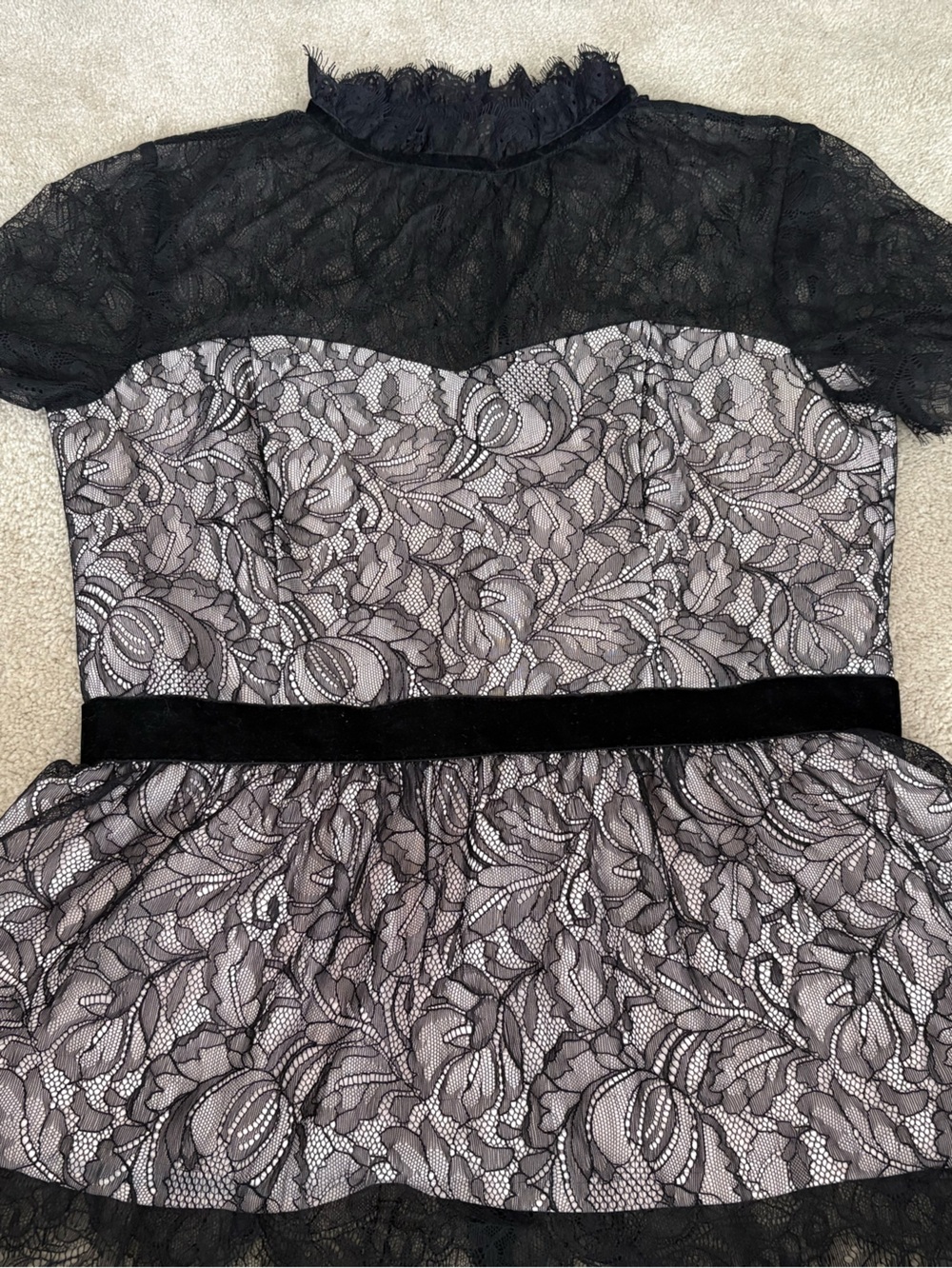White House Black Market Black Lace Illusion Yoke Peplum Top